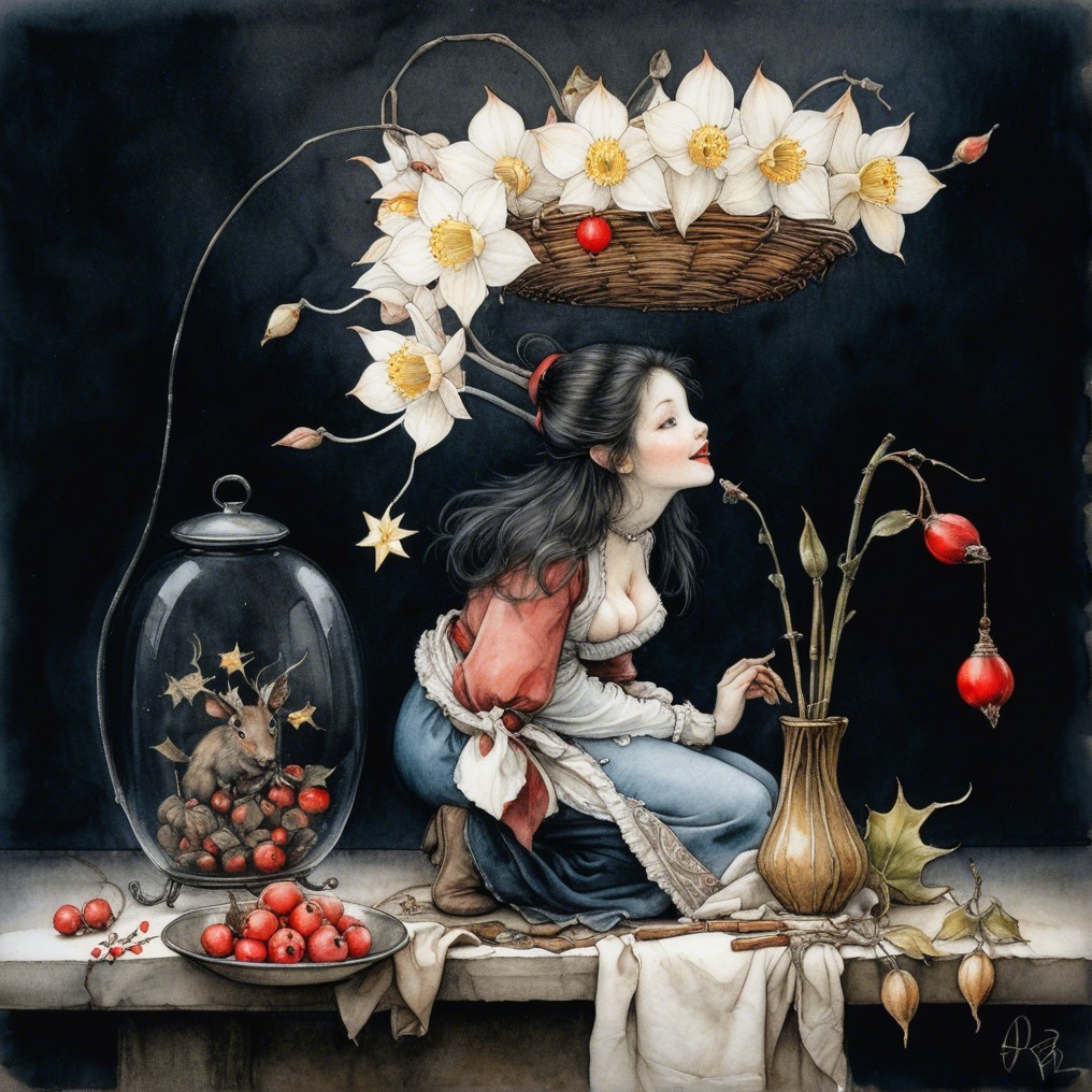Whimsical scene of a woman with fruits and flowers
