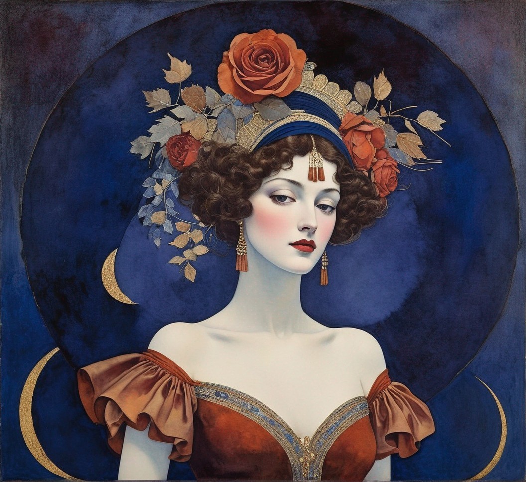 Woman with Curly Hair and Floral Crescent Moon Headdress