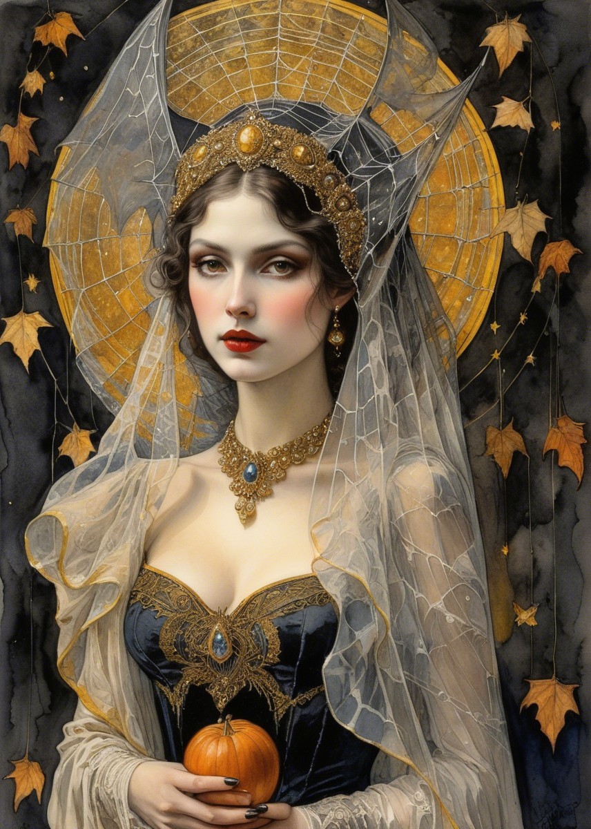 Elegant Portrait of Woman in Dark Gown with Pumpkin