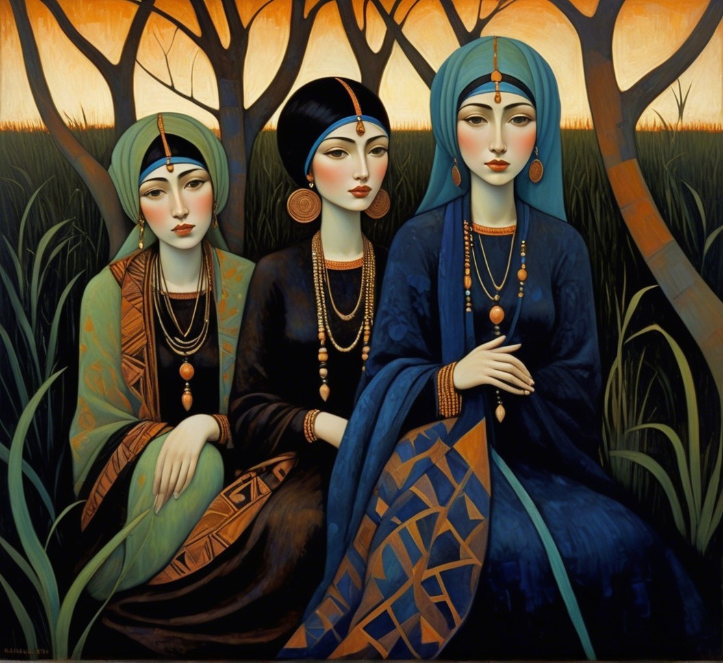 Three Women in Traditional Attire in Serene Setting