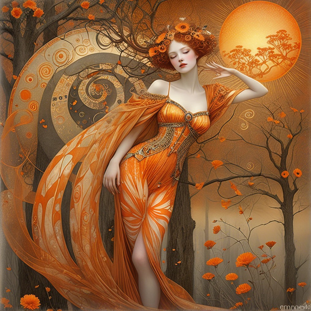 Serene Figure in Ornate Orange Gown in Mystical Landscape