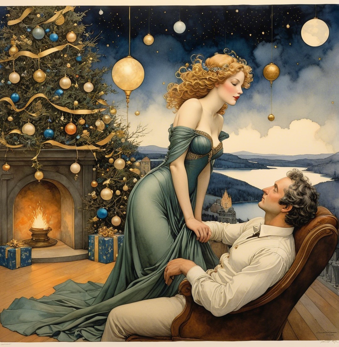 Romantic Oil Painting of Couple in Victorian Attire