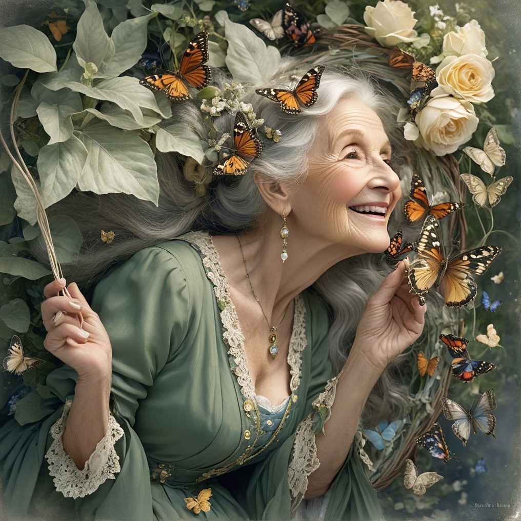 Elderly Woman in Vintage Dress in Enchanted Garden