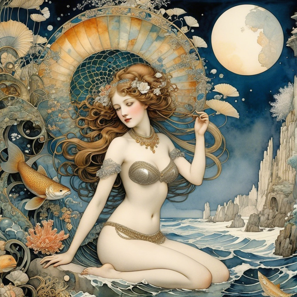 Woman by the Ocean Surrounded by Marine Life