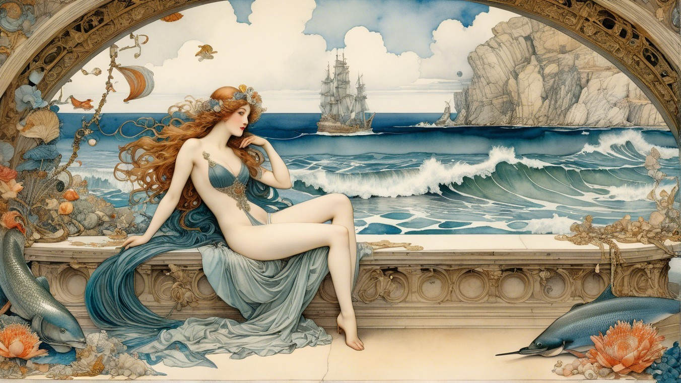 Mythical Mermaid on Rocky Ledge by Turbulent Ocean