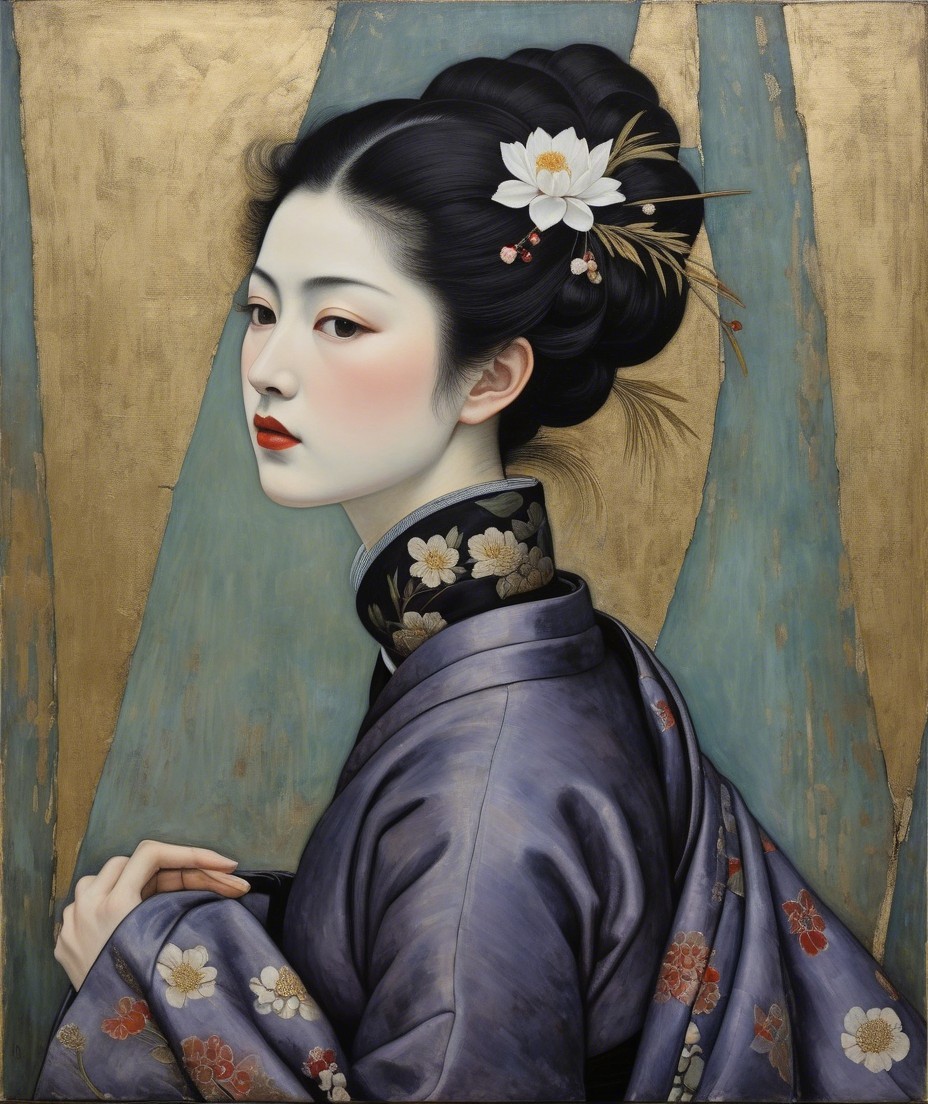 Young Woman in Traditional Attire with Floral Kimono