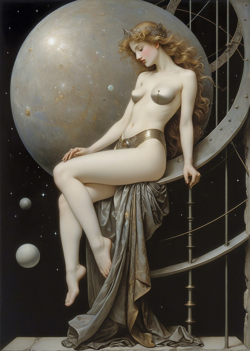 Serene Woman on Celestial Structure with Cosmic Background