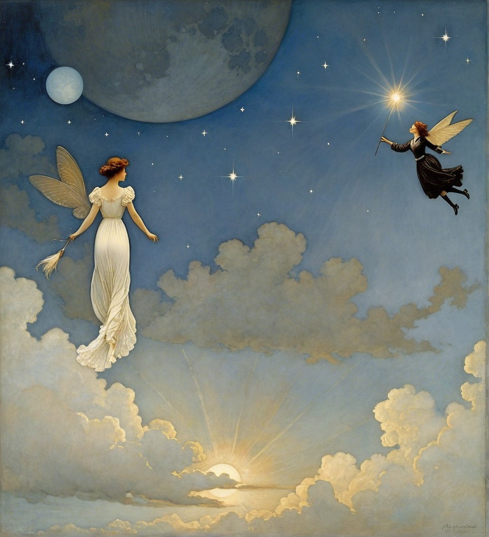Celestial Scene with Ethereal Figures Above Clouds