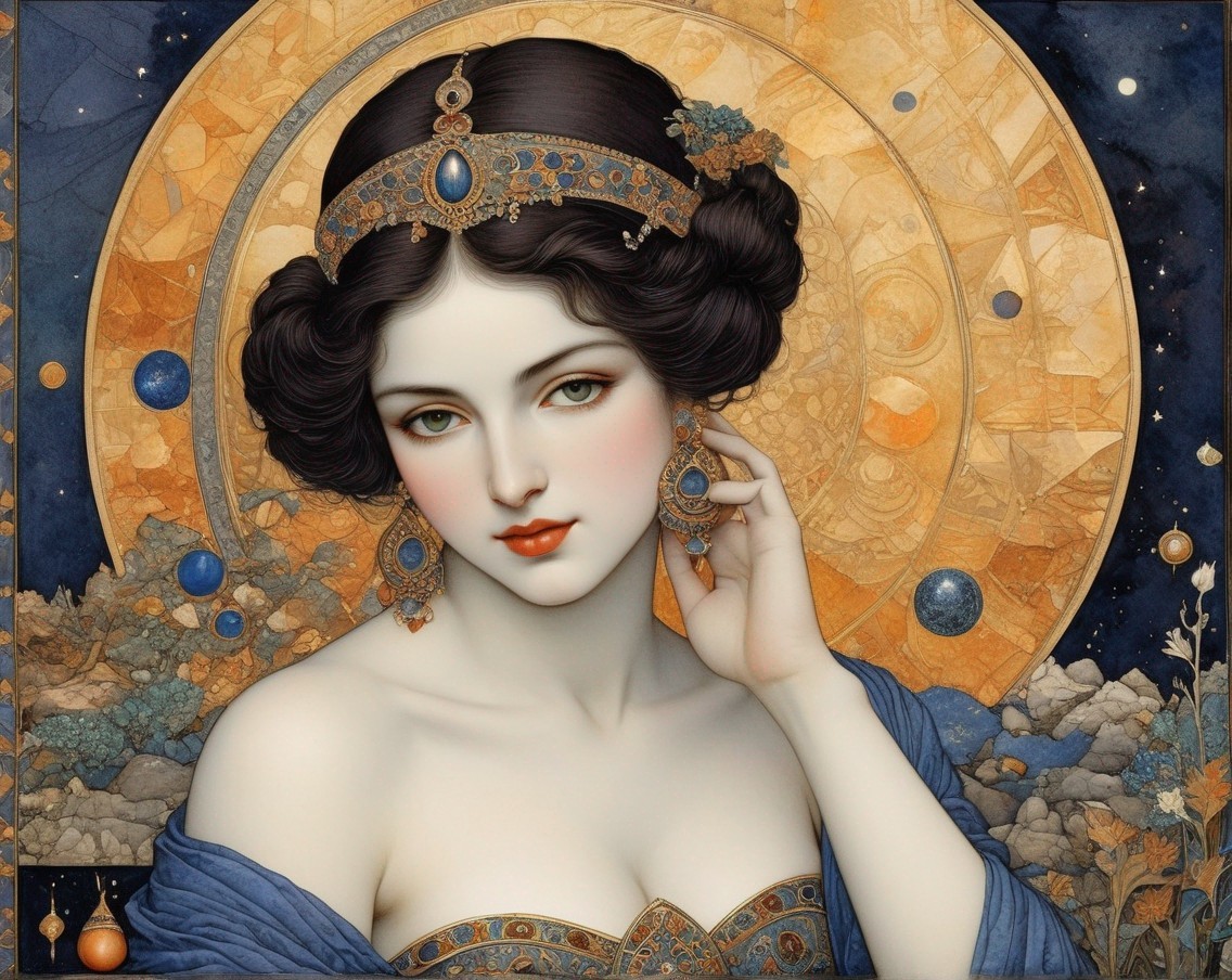 Artwork of a Woman in Royal Blue Dress with Celestial Background