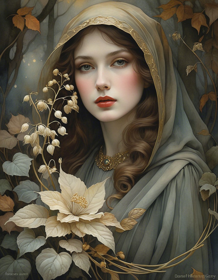 Serene Woman in Delicate Hood Surrounded by Nature