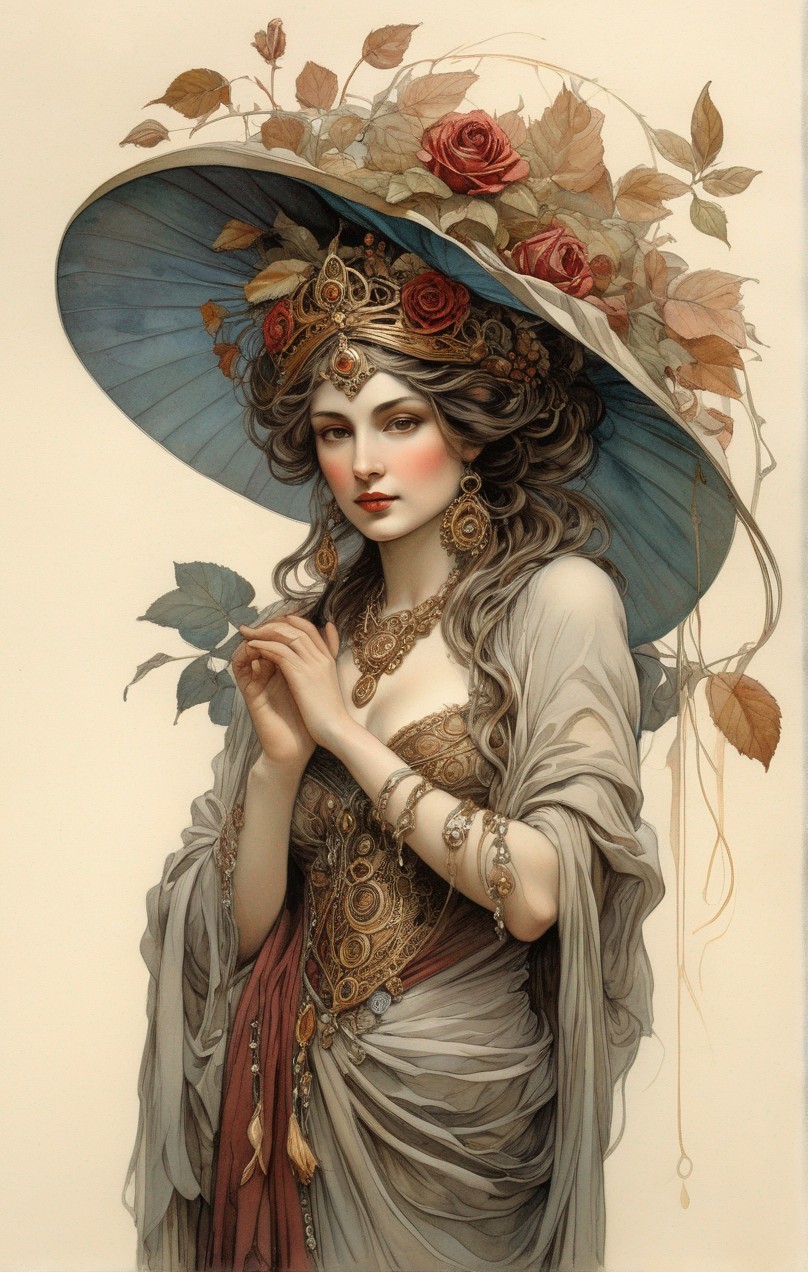 Illustrated woman with roses, wide-brimmed hat, ornate jewelry, and draped gown.