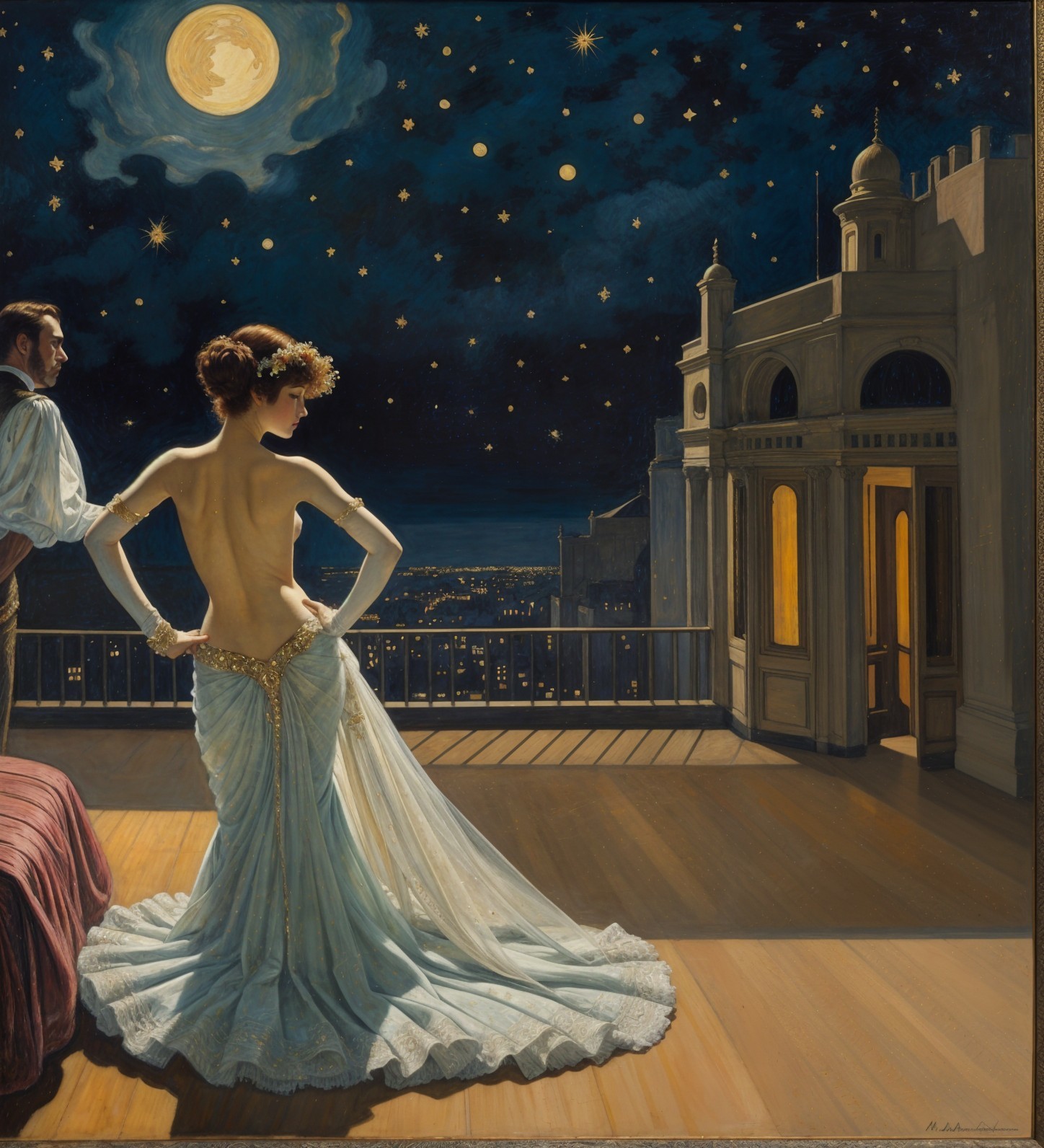Elegant Woman in Beaded Gown Overlooking Night Sky