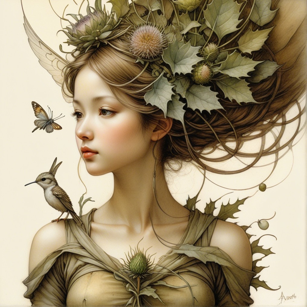 Serene Young Woman Surrounded by Nature Elements