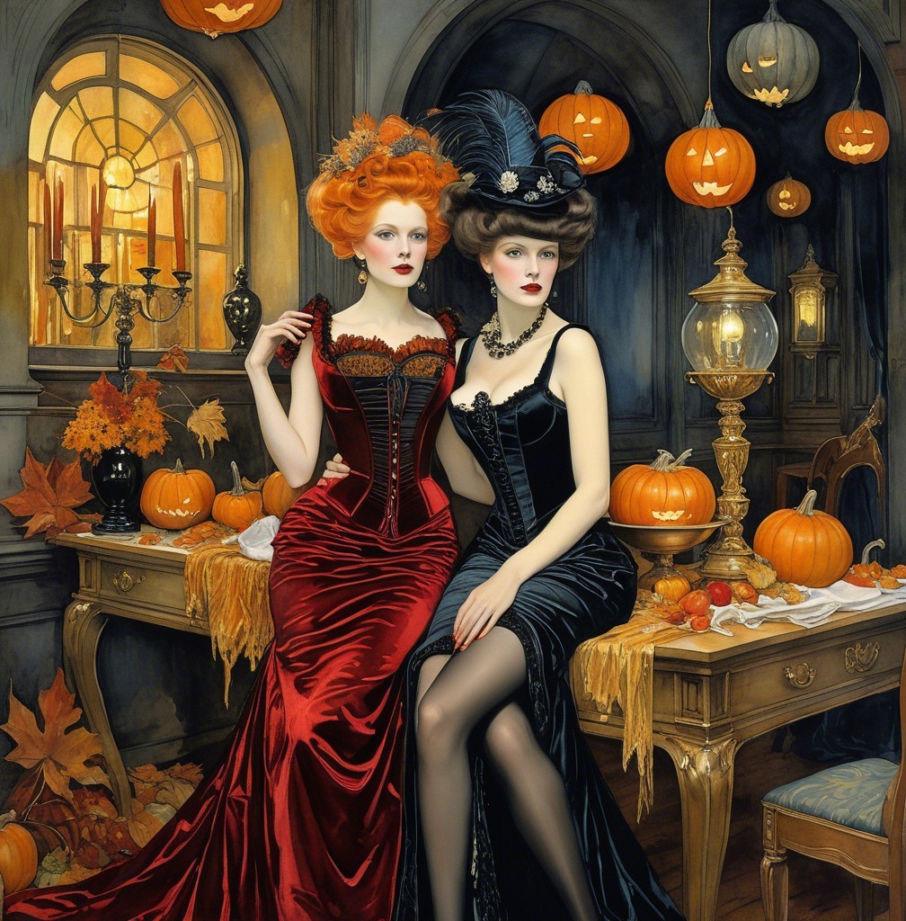 Elegant women in autumn setting with gothic charm