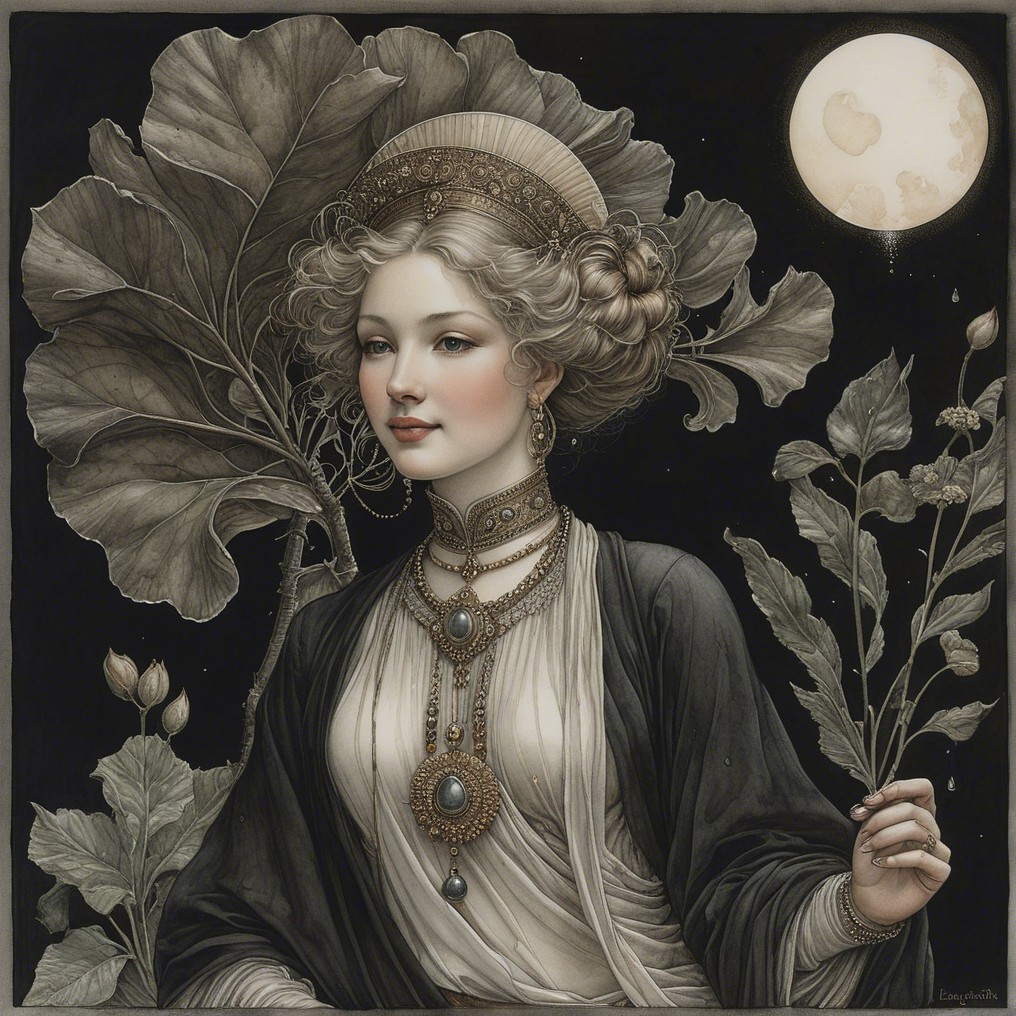 Elegant woman with foliage and moonlit backdrop