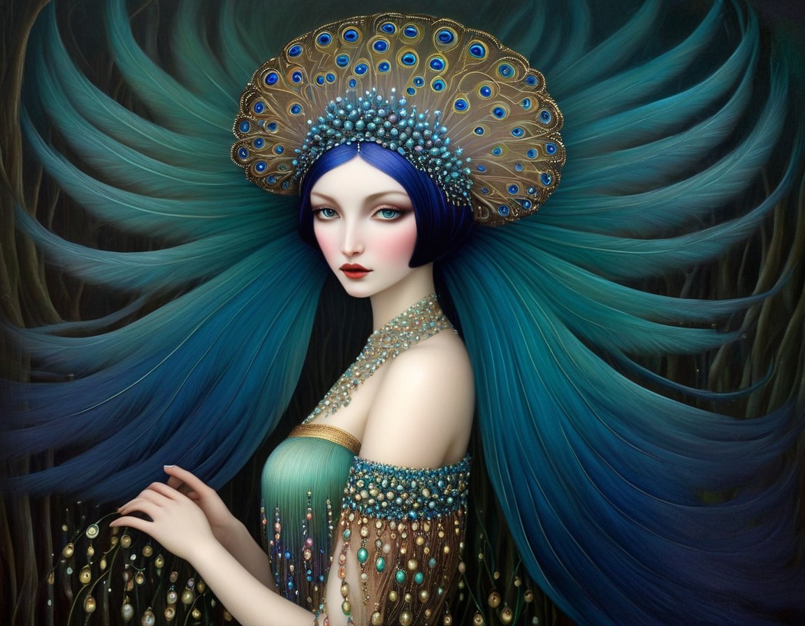 Elegant Character with Peacock-Inspired Hair and Attire