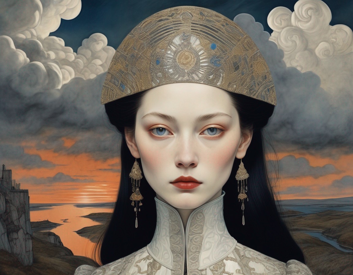 Ethereal figure in ornate garment against dramatic landscape