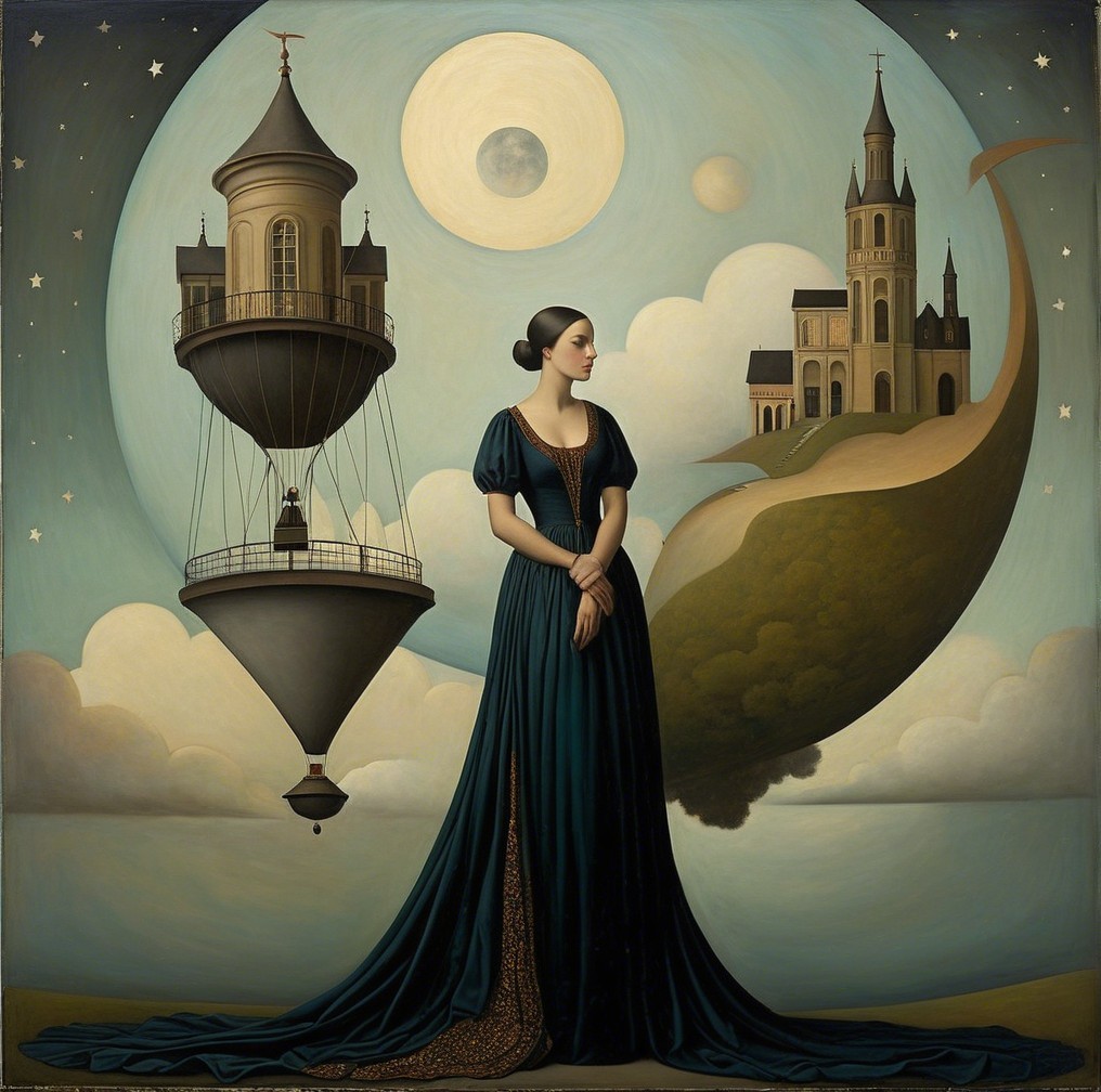 Serene Woman in Dark Gown in Surreal Landscape