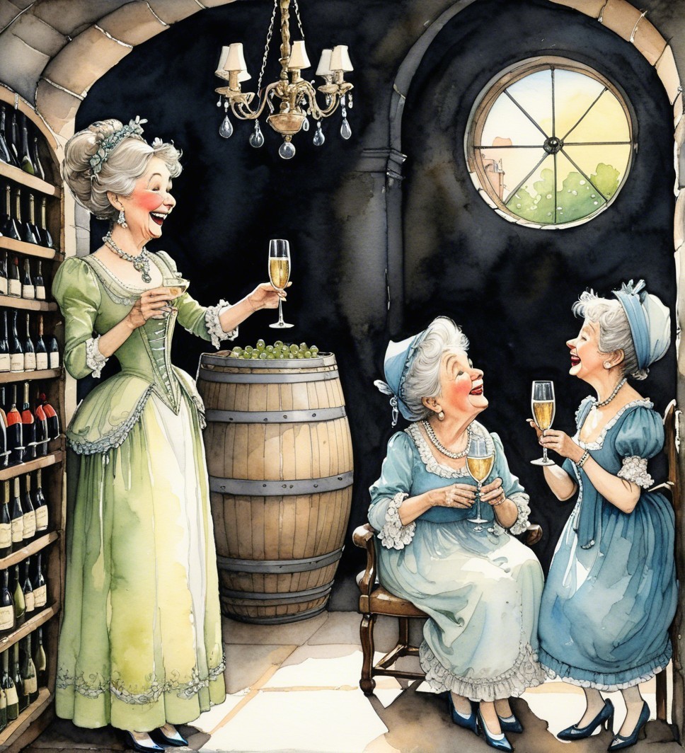 Elegant Gathering of Women in a Wine Cellar