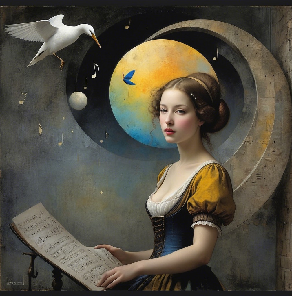 Serene Woman in Vintage Dress with Musical Elements