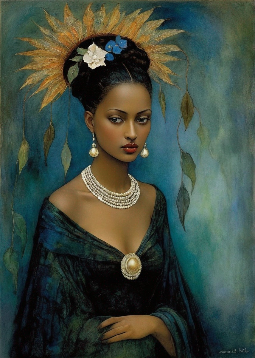 Elegant Woman in Deep Green Garment with Golden Headdress