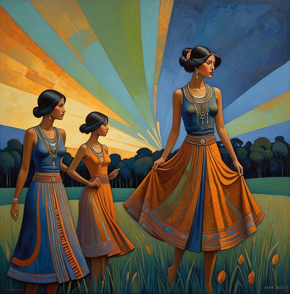 Three Women in Vibrant Dresses in Sunlit Field