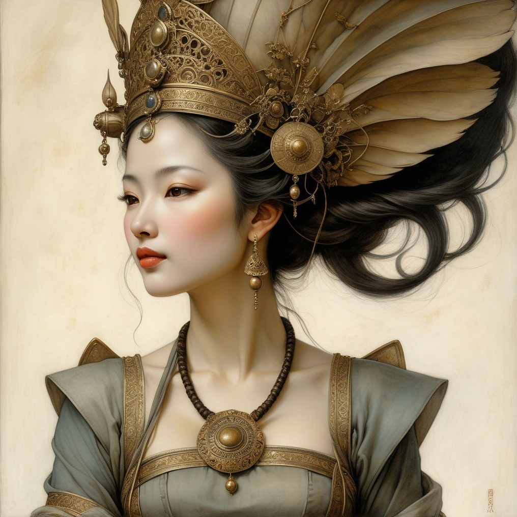 Regal woman in golden headgear and elegant gown