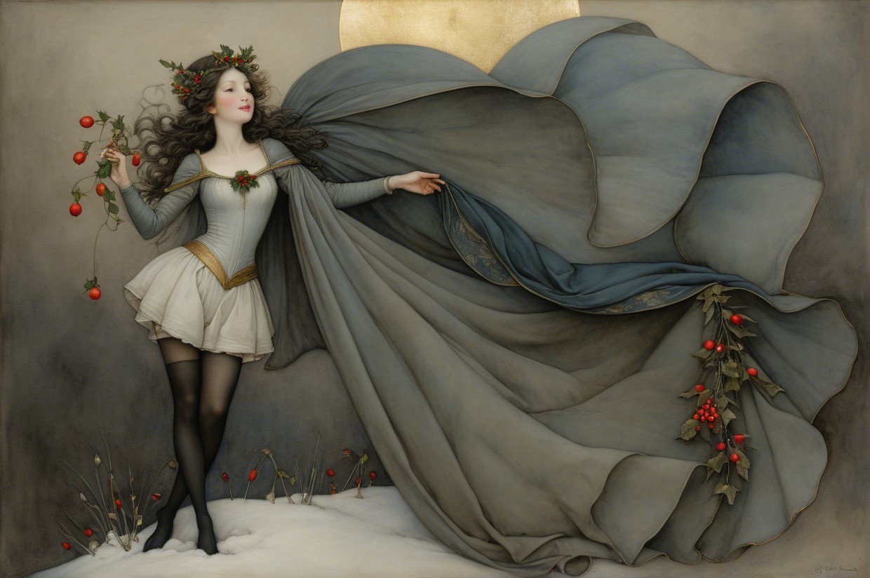 Whimsical Figure in Gray Gown with Floral Crown