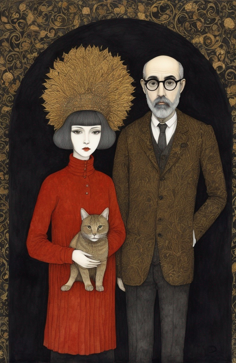Stylized Portrait of a Couple with Cat and Headdress
