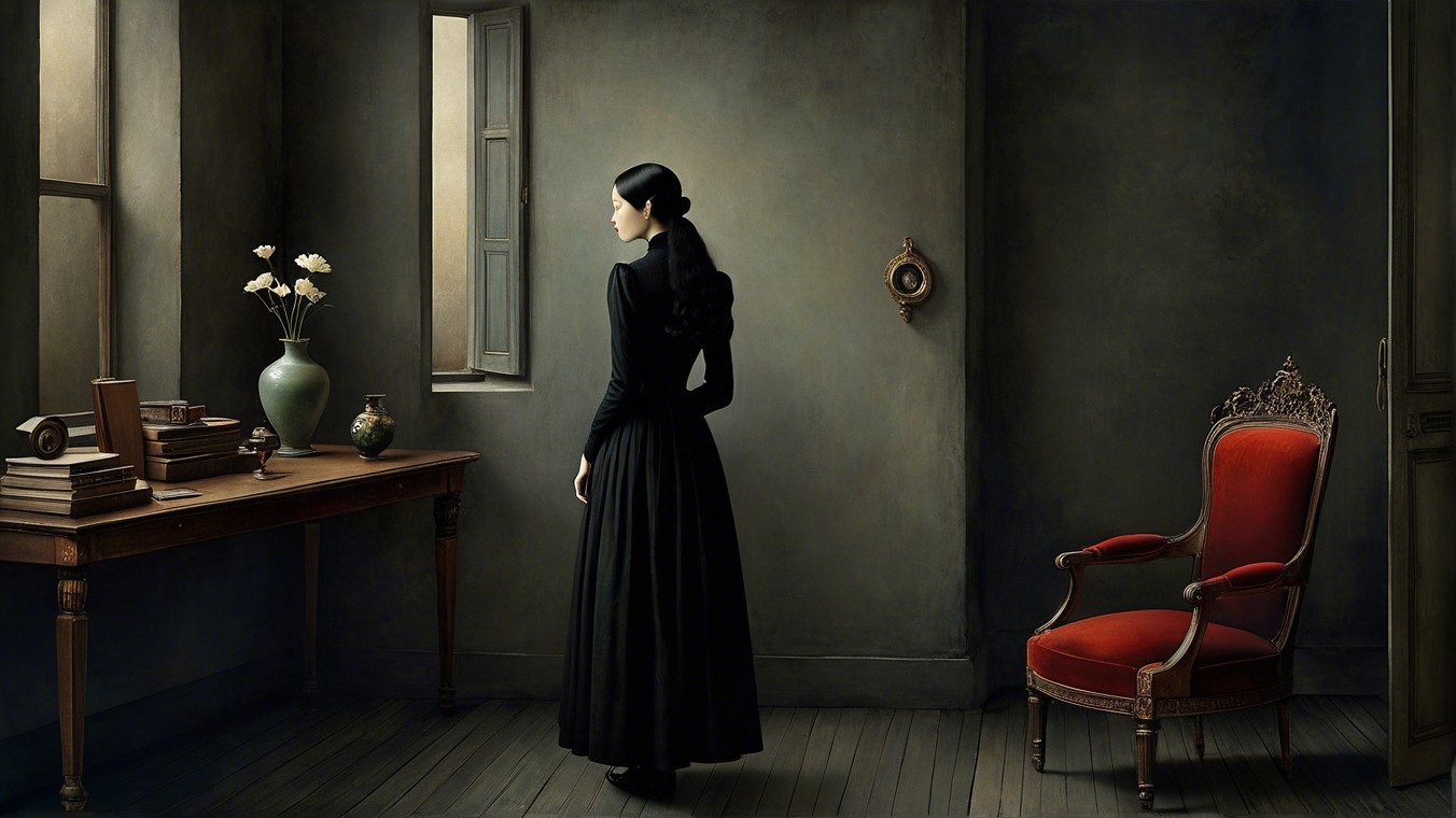 Solitary Figure in Black Dress by Open Window