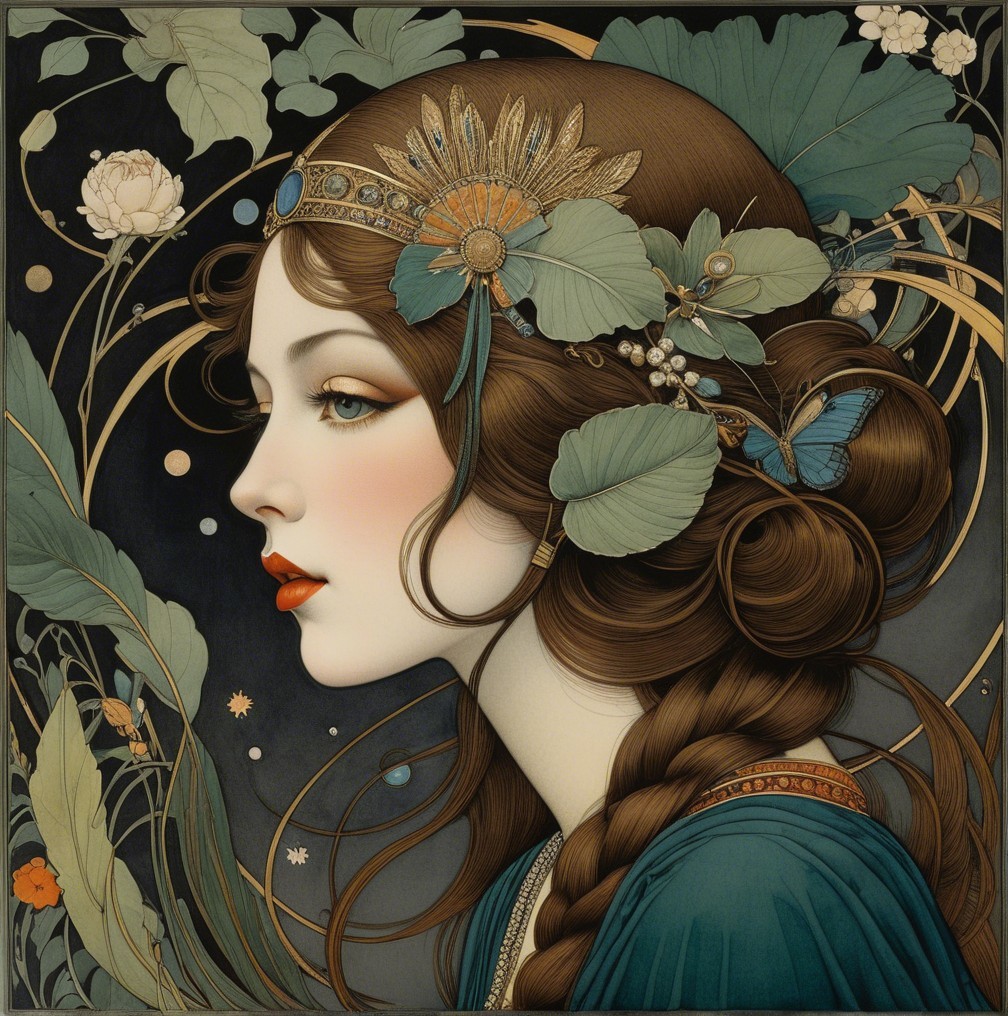 Profile of a Woman with Floral Elements and Butterflies
