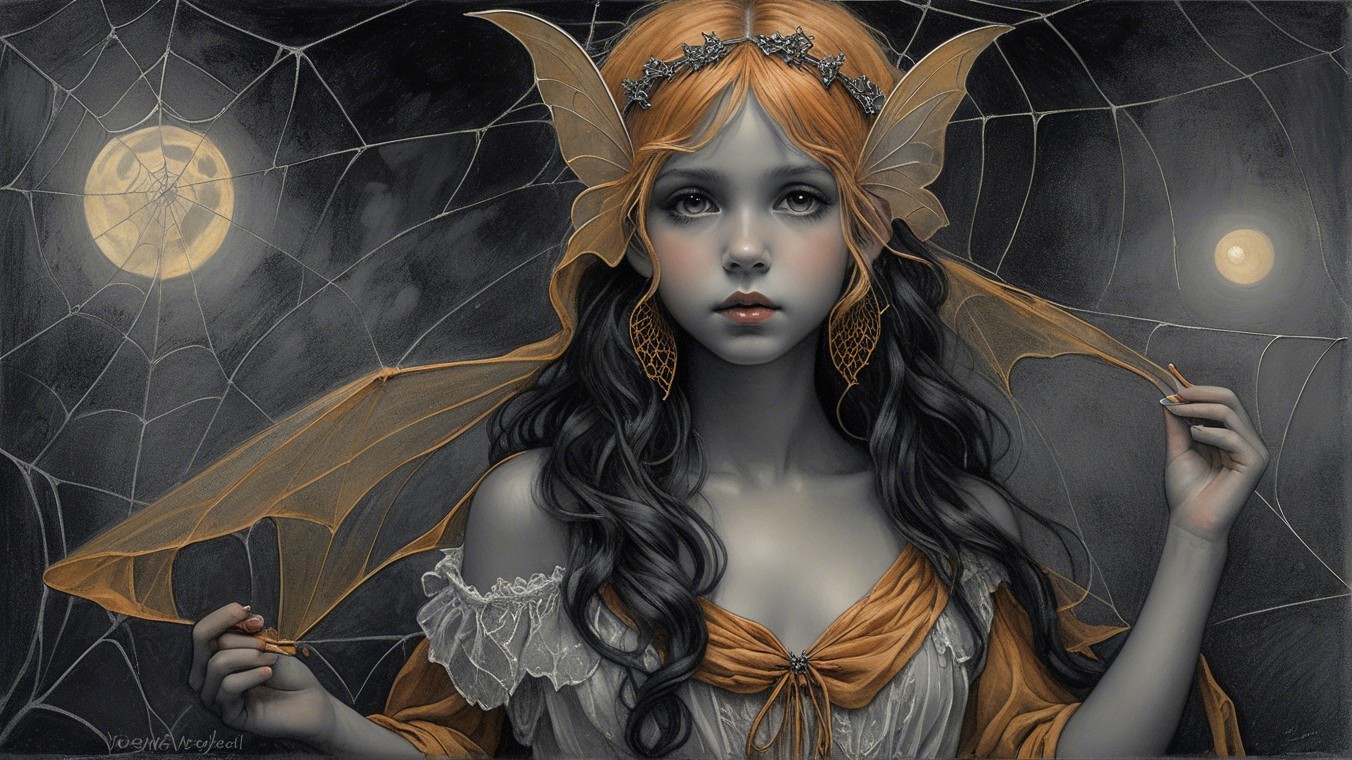 Young girl with wings in a mystical moonlit setting