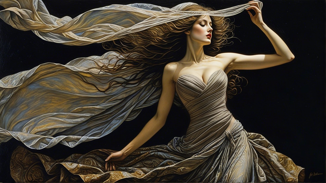 Graceful figure in flowing gown against dark background