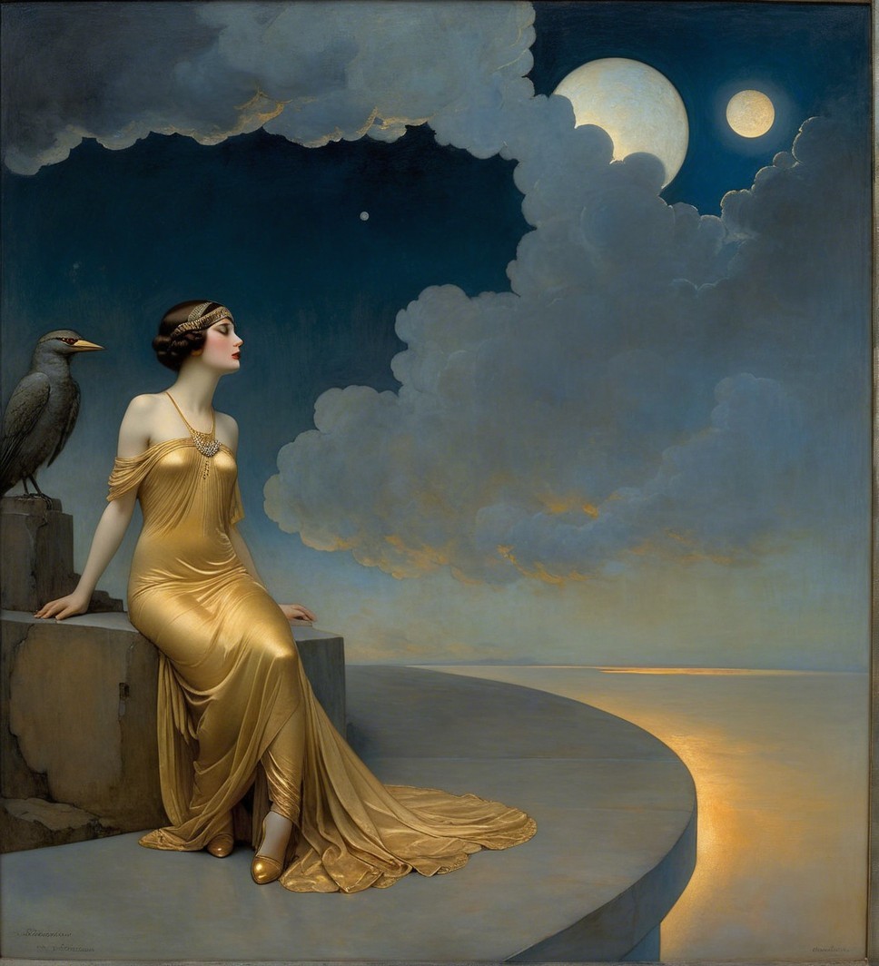 Woman in Golden Gown Amid Dramatic Celestial Scene
