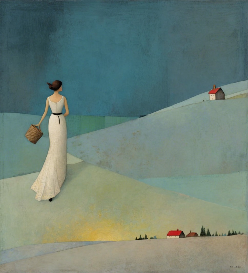 Woman in White Dress Walking Through Serene Hills