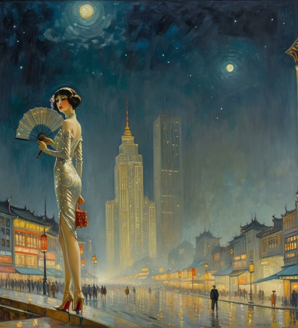 Glamorous Woman in Silver Dress Under Starry Sky