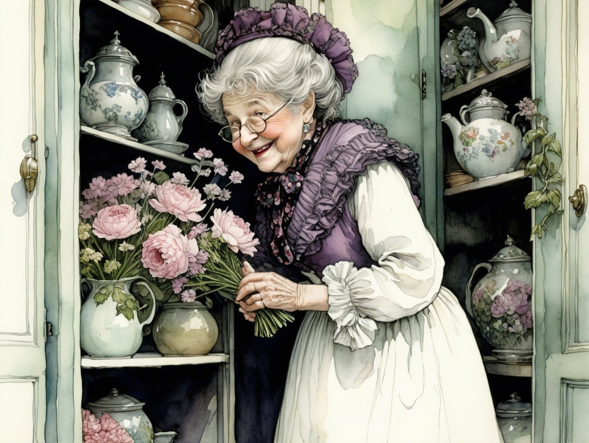 Elderly Woman in Vintage Outfit Arranging Pink Flowers