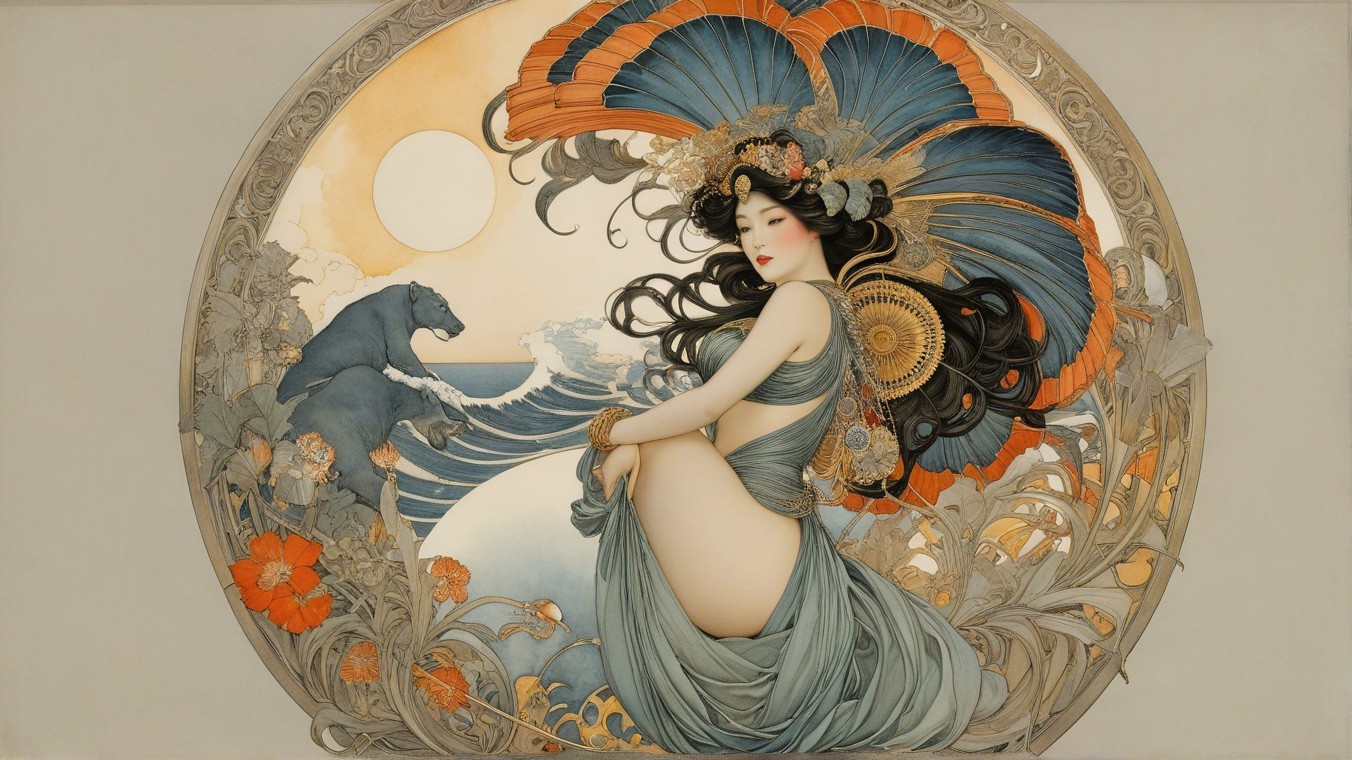 Woman in Flowing Attire Amid Floral Patterns and Moon