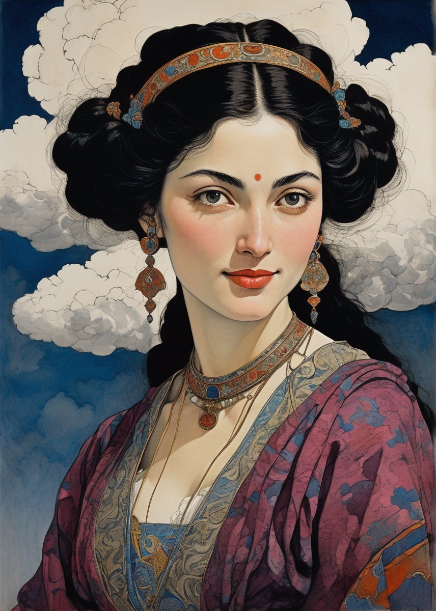 Woman with Black Hair and Elegant Jewelry in Clouds