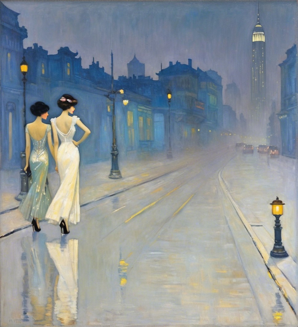 Elegant Women in Vintage Gowns on Rain-Soaked Street