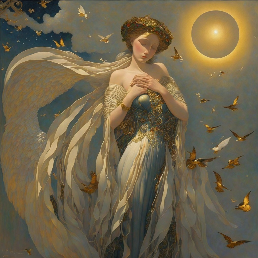 Serene Figure Surrounded by Golden Butterflies and Sun