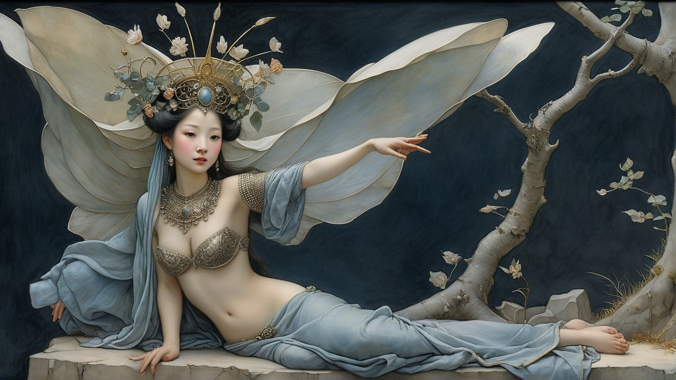 Ethereal Figure with Butterfly Wings Against Dark Backdrop