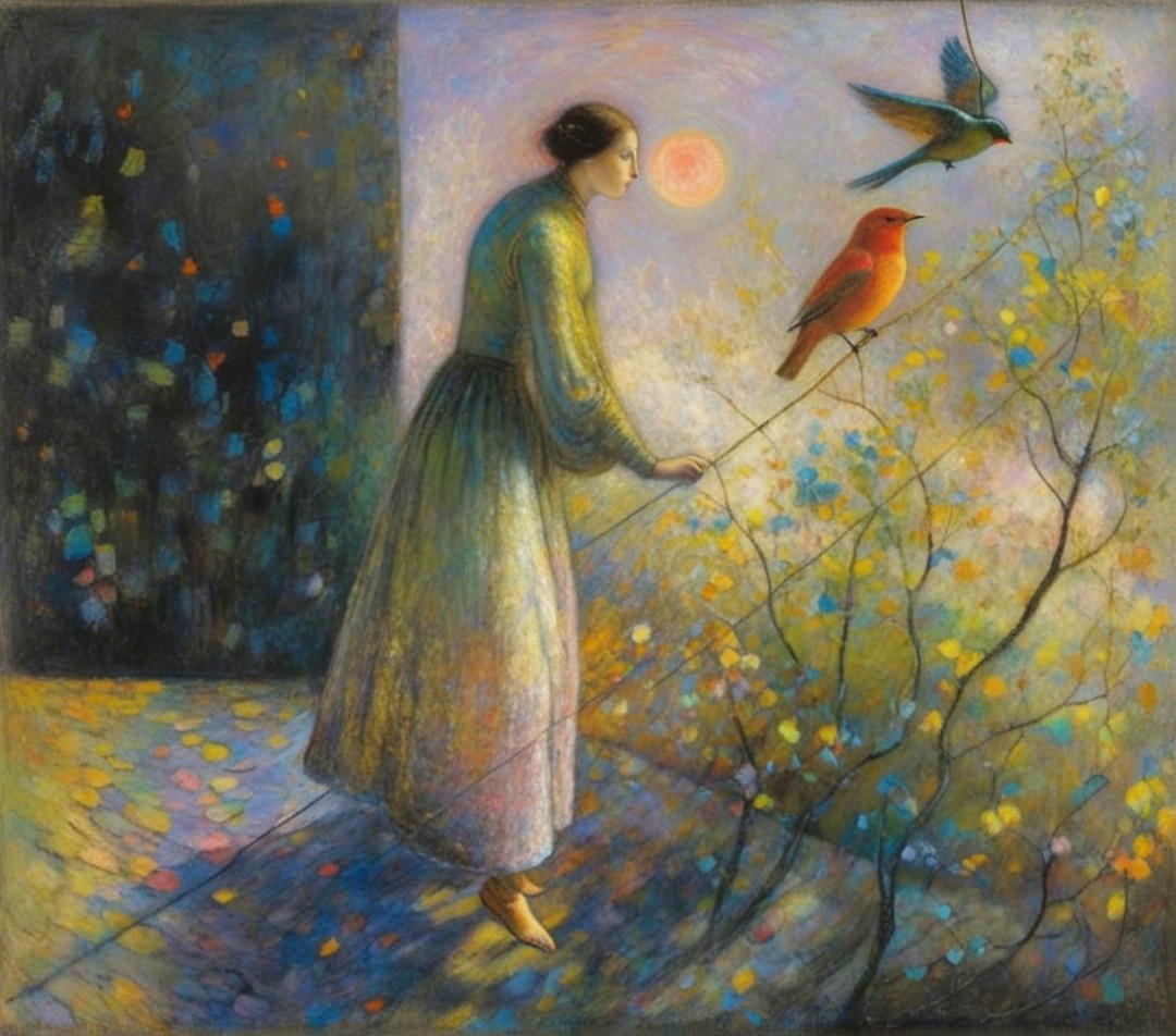 Serene Woman in Flowing Gown with Vibrant Bird