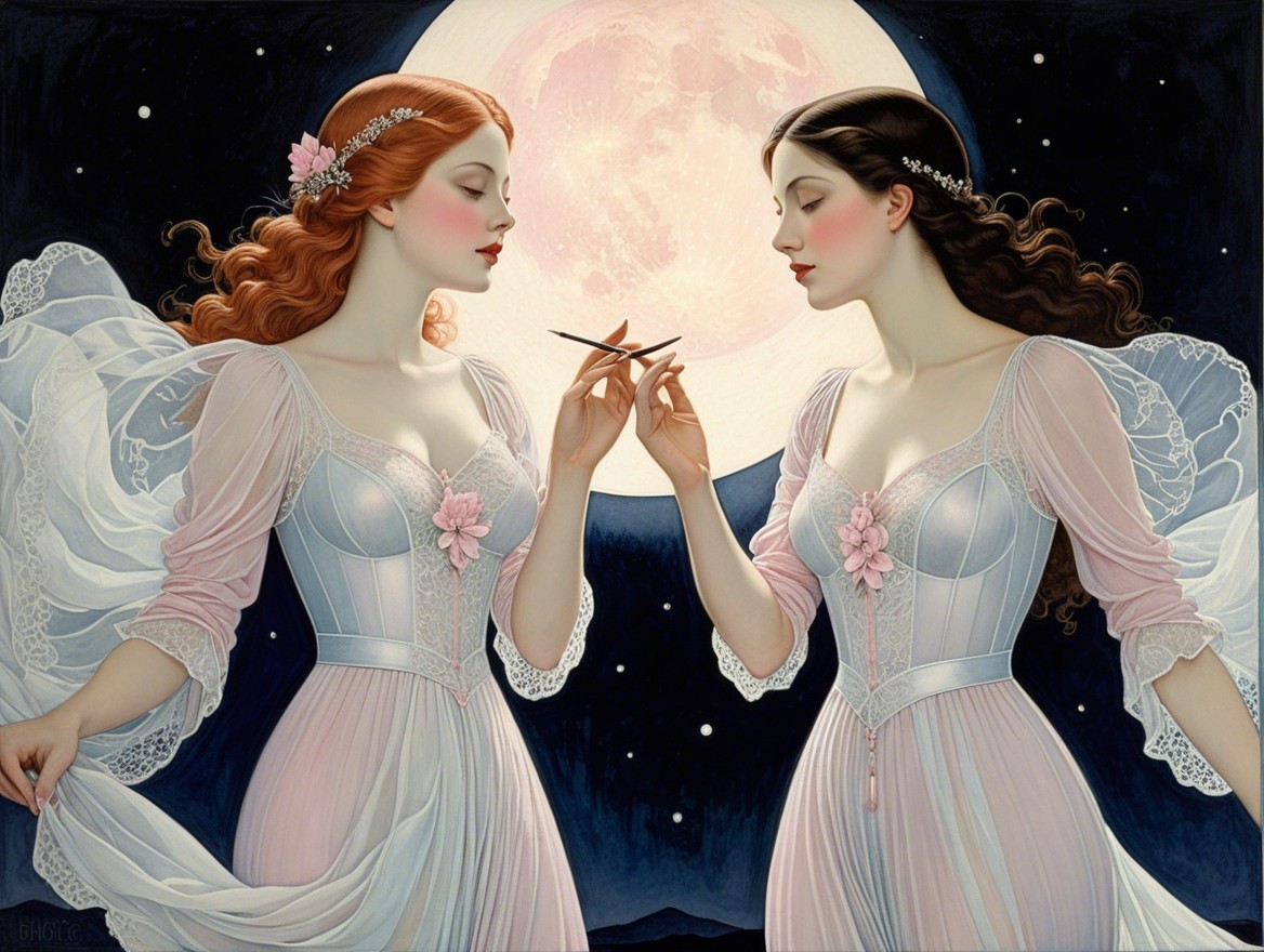 Elegantly Dressed Women Under a Full Moon