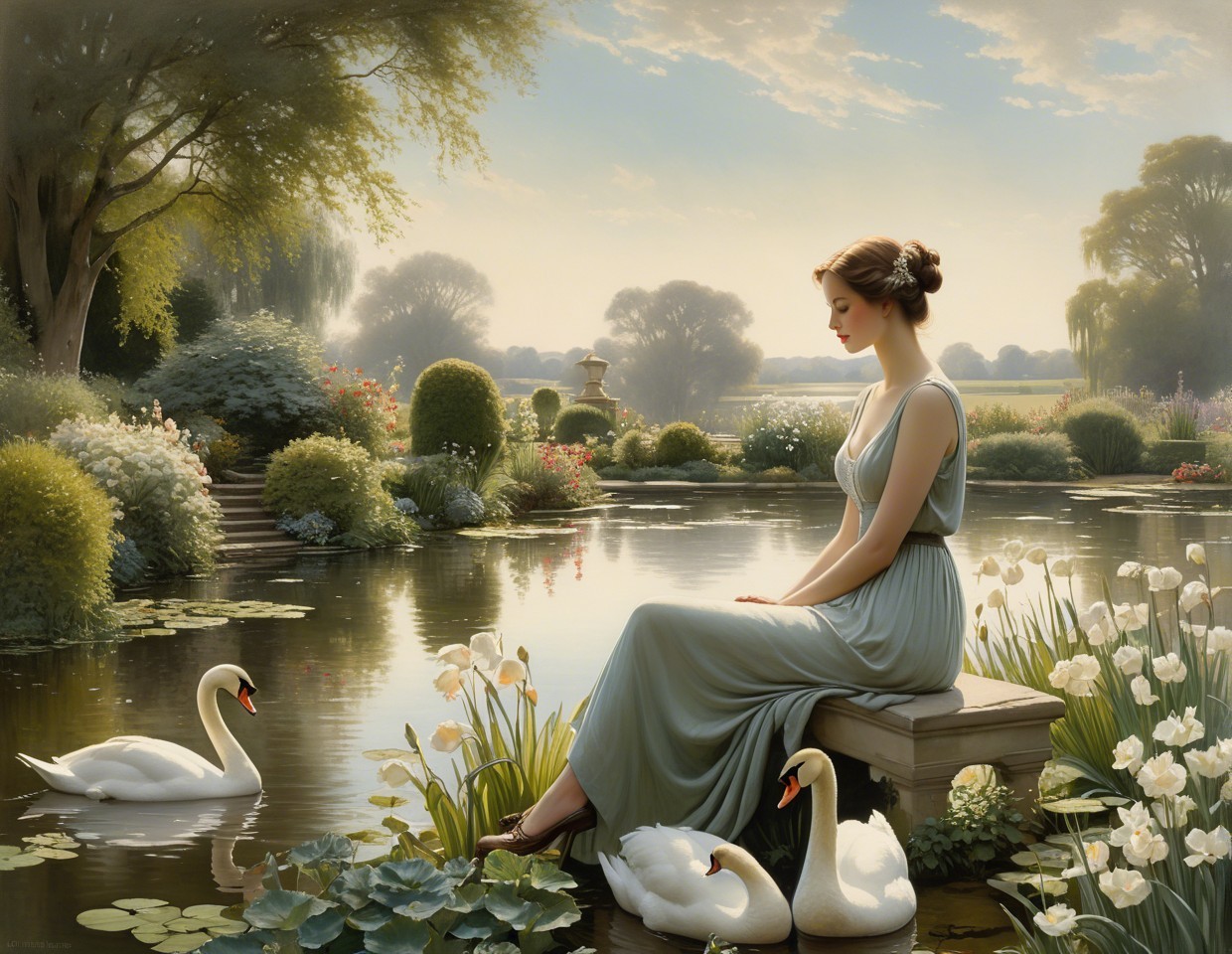 Woman in Green Sundress by Pond with Swans and Nature