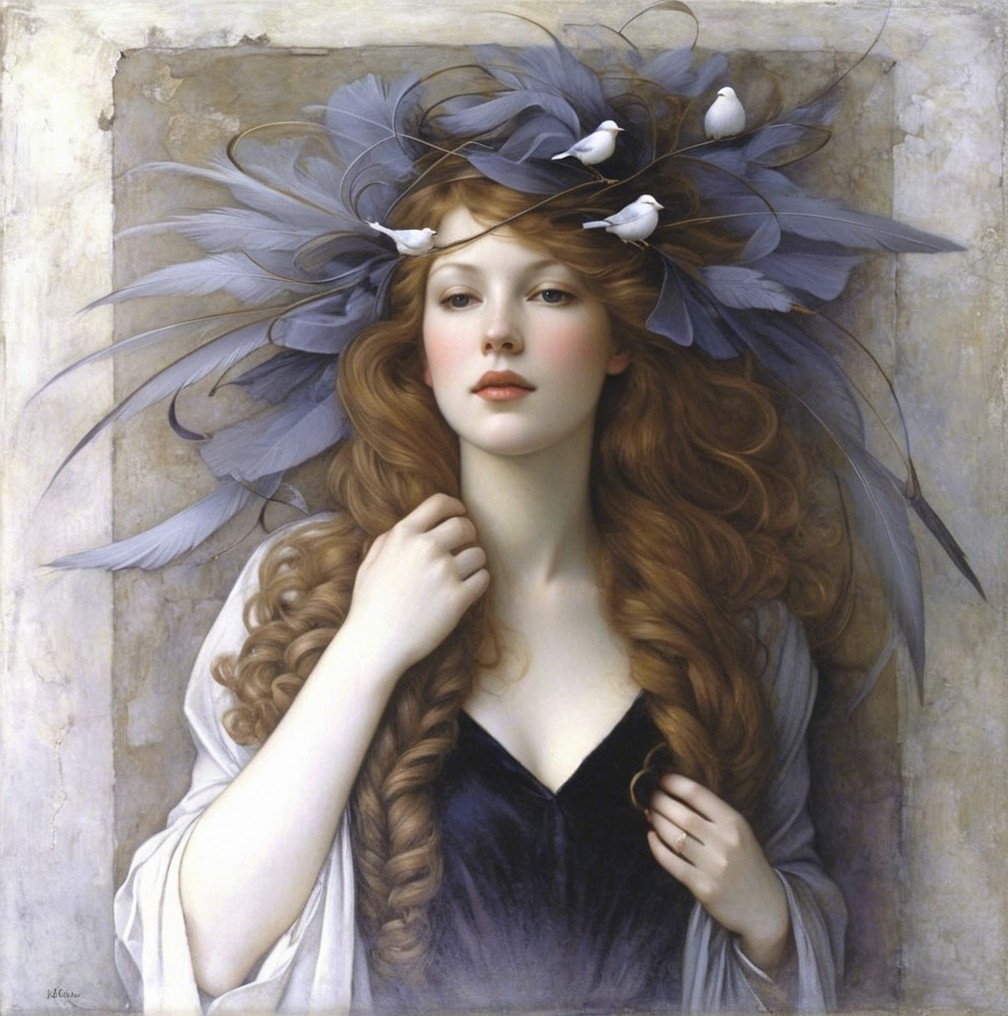 Serene Young Woman with Red Hair and Feather Headdress