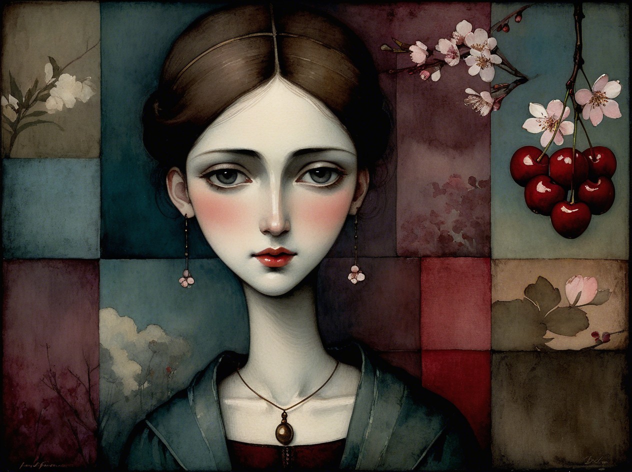 Oriental Woman Portrait with Floral and Checkerboard Background