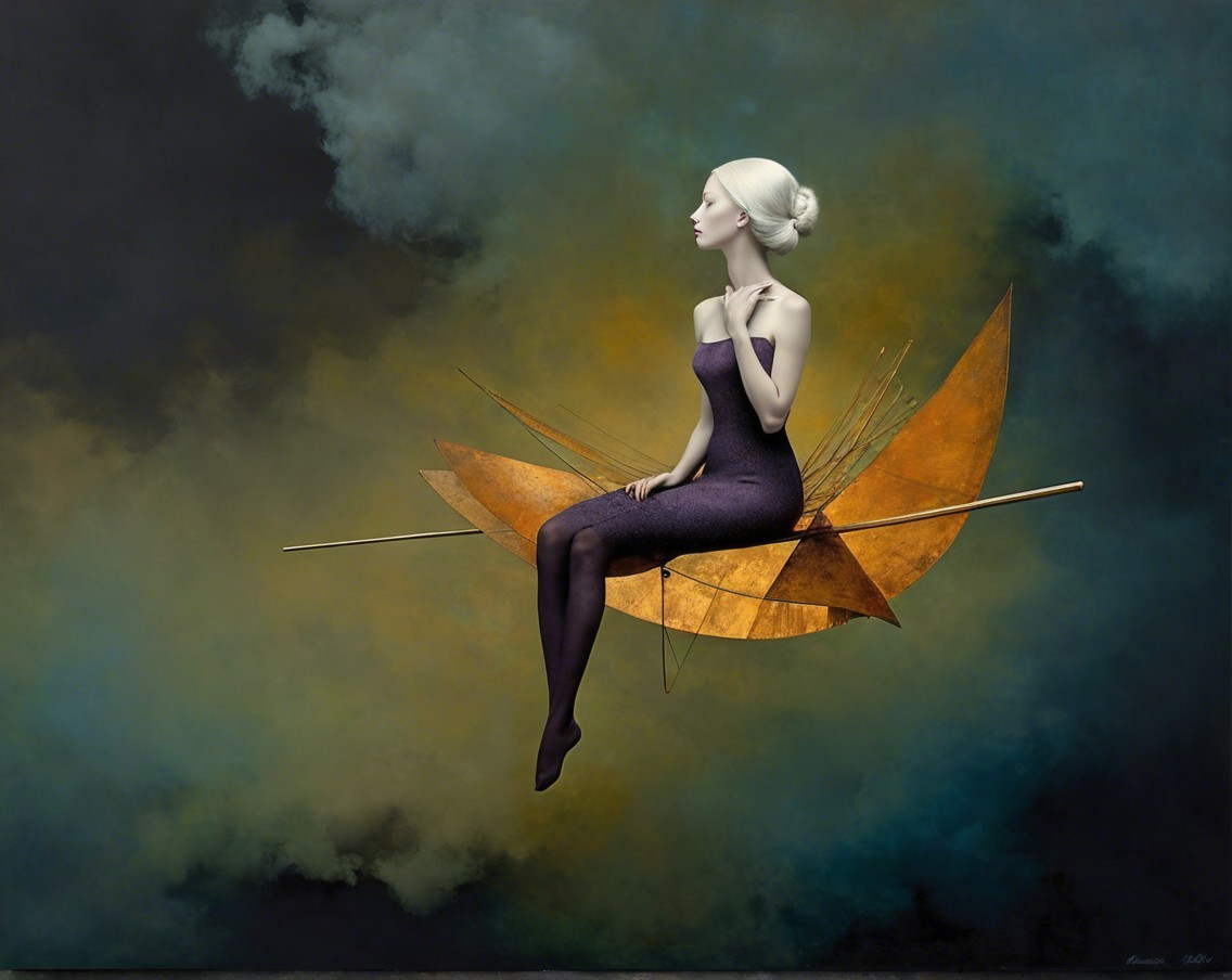 Ethereal Figure on Golden Crescent with Teal Background