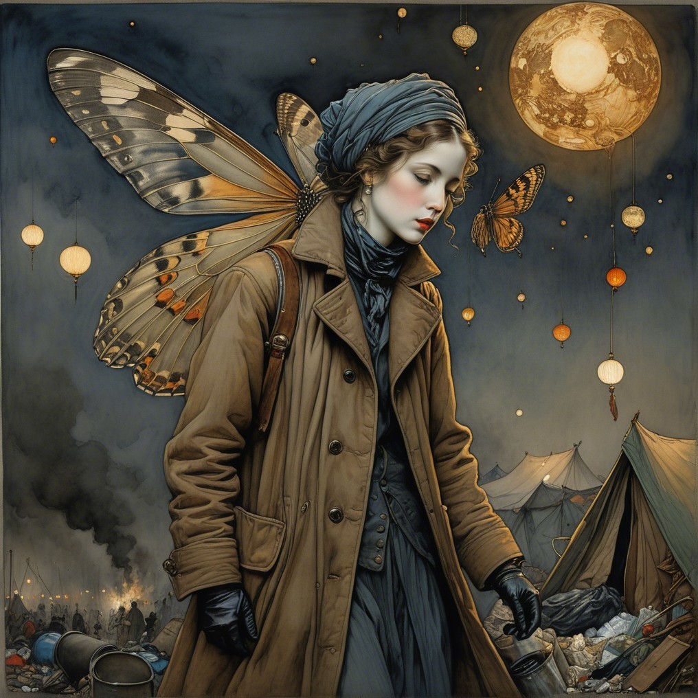 Young woman with butterfly wings in a moonlit scene