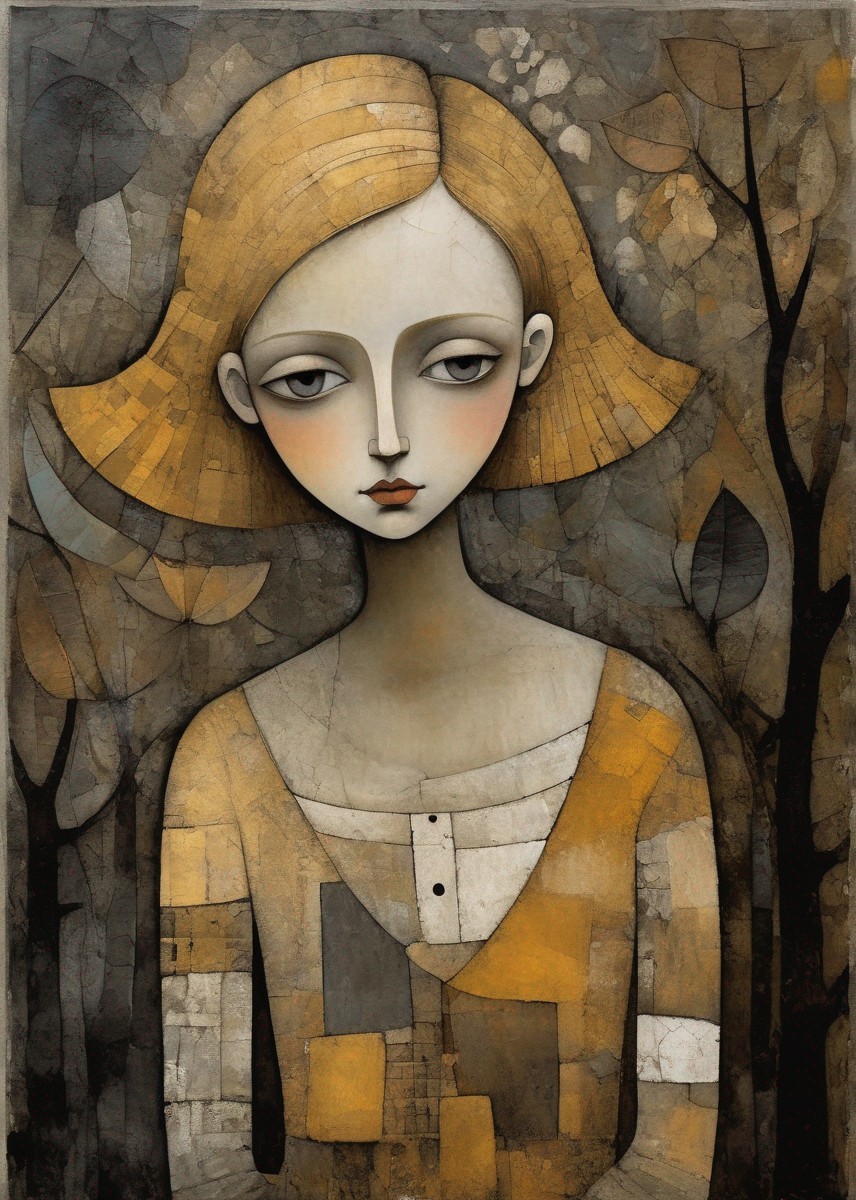 Pale woman with large eyes in surreal painting against patterned background.